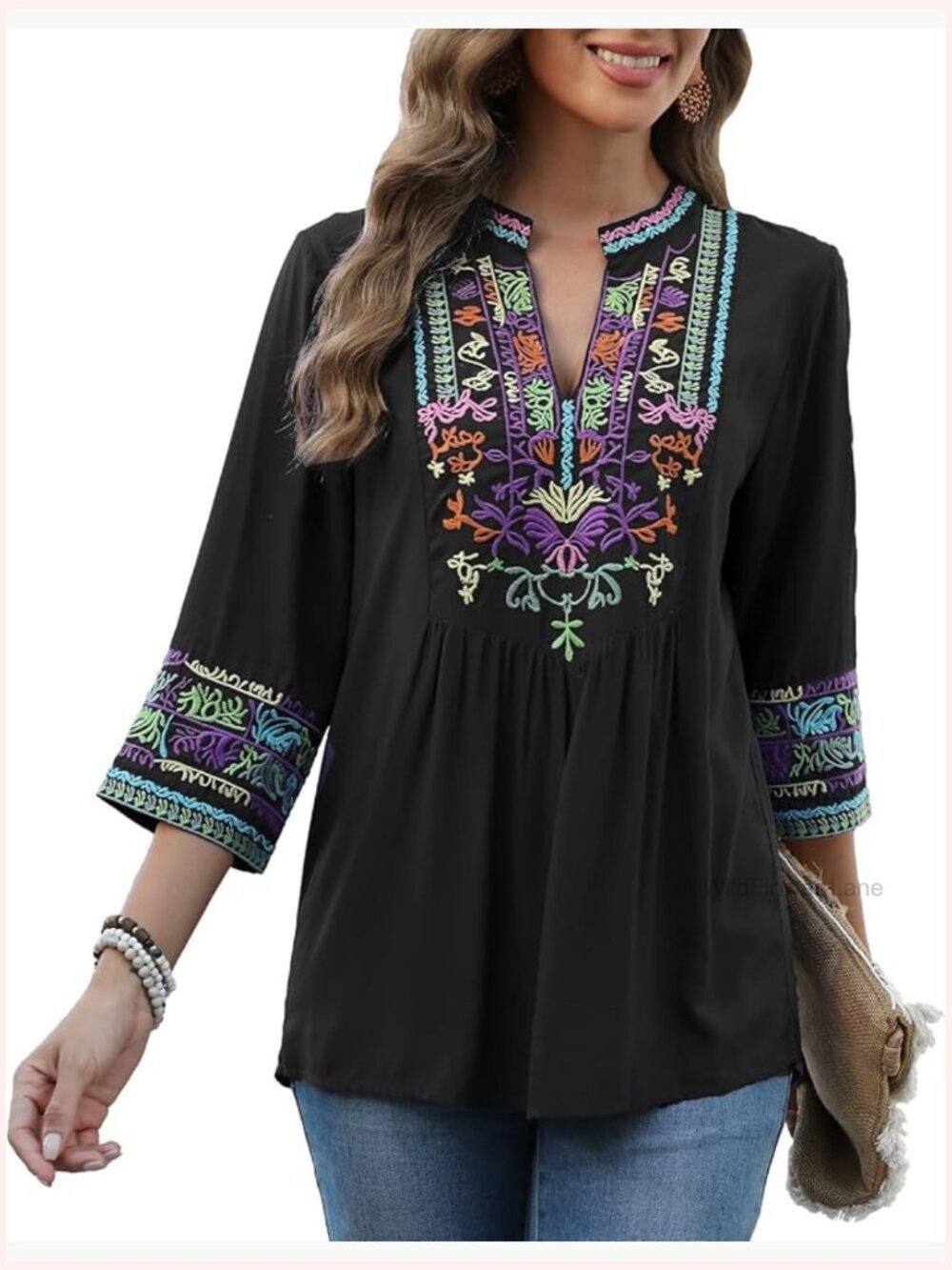 Mexican Embroidered Tunic 3/4 Sleeve Boho Blouse Peasant Top
